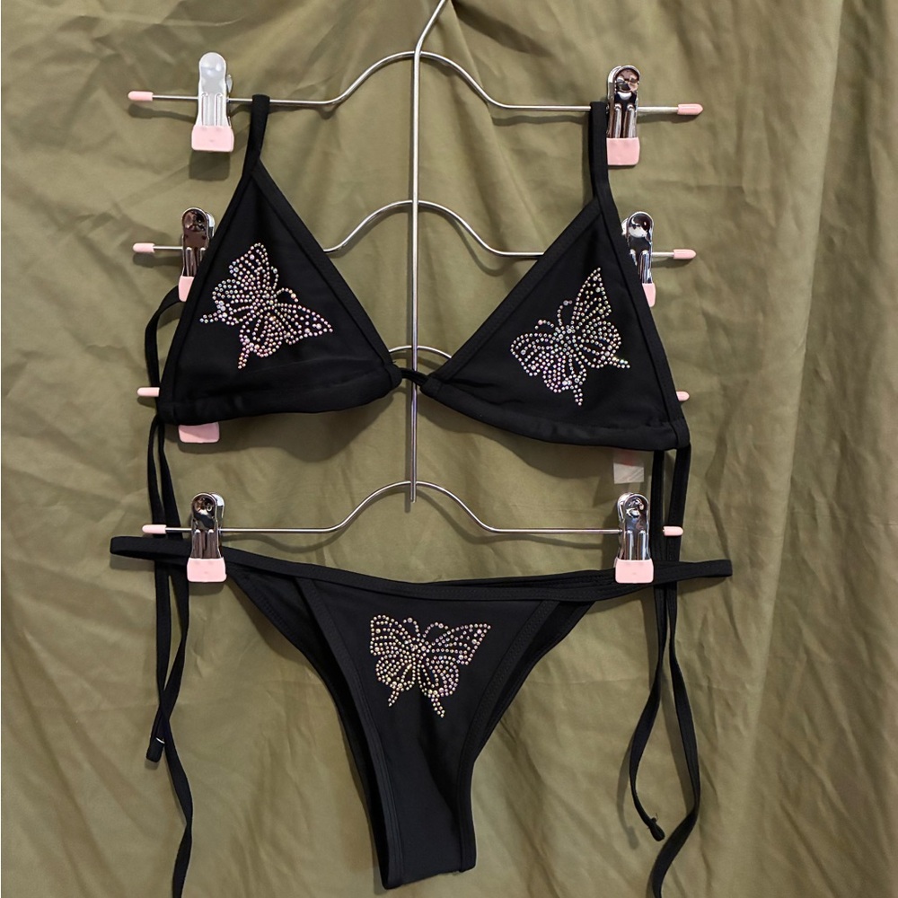 SHEIN Black Rhinestone Butterfly Bikini